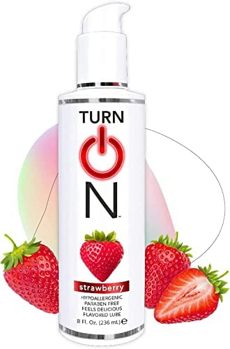 Turn on Strawberry Flavored Edible Lube 8 Ounce Premium Personal Lubricant, Long Lasting Formula for Condom Safe Vegan Ph Balanced Hypoallergenic & Paraben Free Intimacy, Oral Lube for Men & Women