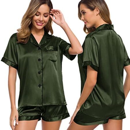 SWOMOG Womens Silk Satin Pajamas Set Short Sleeve Button Down Sleepwear Loungewear 2 Pcs Pj Sets