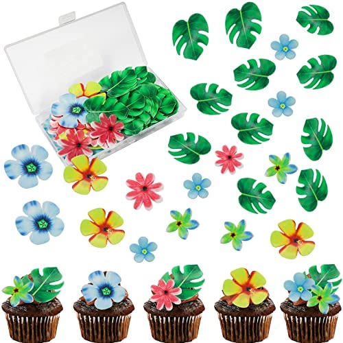 83pcs Edible Tropical Turtle Leaves Flower Cupcake Toppers Wafer Paper Palm Leaf Flower Cake Topper Edible Cake Decoration for Hawaii Aloha Jungle Summer Theme Wedding Birthday Baby Shower