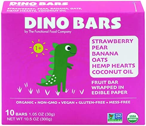 DINO BARS - Organic Fruit Bar for Kids 1+ | Fruit, Oats, Hemp Hearts, Coconut Oil and Edible Paper (Strawberry)