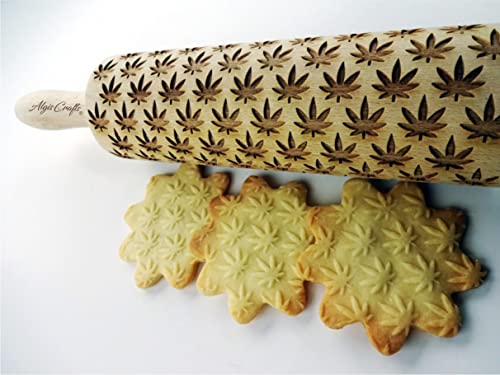 CANNABIS Embossed Rolling Pin Wooden Embossing Dough Roller for Cookies and Ceramic by Algis Crafts