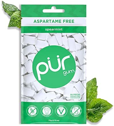PUR Gum Sugar Free Chewing Gum with Xylitol, Aspartame Free + Gluten Free, Vegan & Keto Friendly - Natural Spearmint Flavoured Gum, 55 Pieces (Pack of 1)